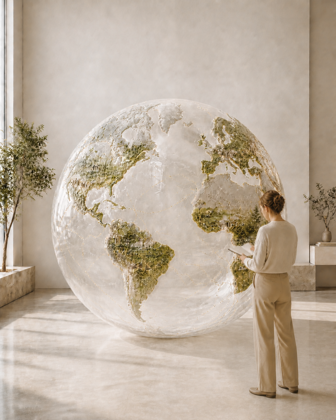 A reader standing beside the Wicreation globe, representing participation in a global community